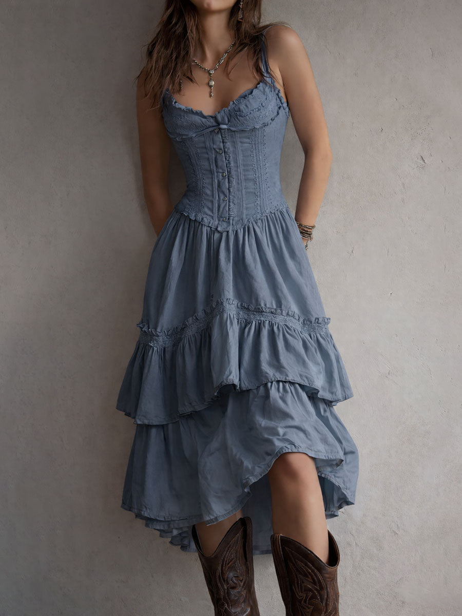 Retro Boho White Corset Tiered Midi Dress