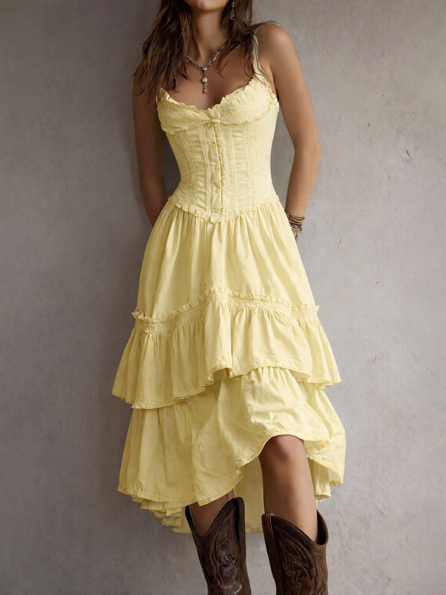 Retro Boho White Corset Tiered Midi Dress