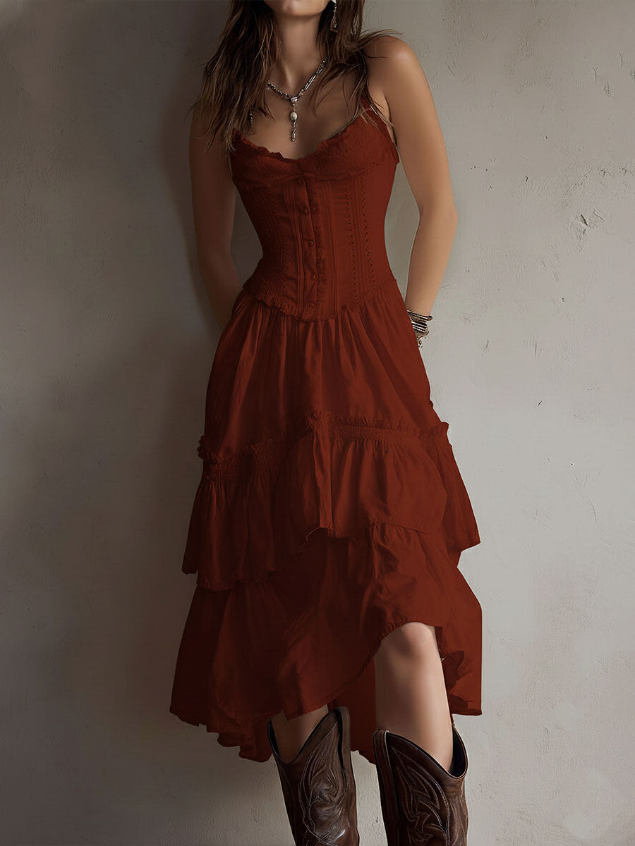 Retro Boho White Corset Tiered Midi Dress