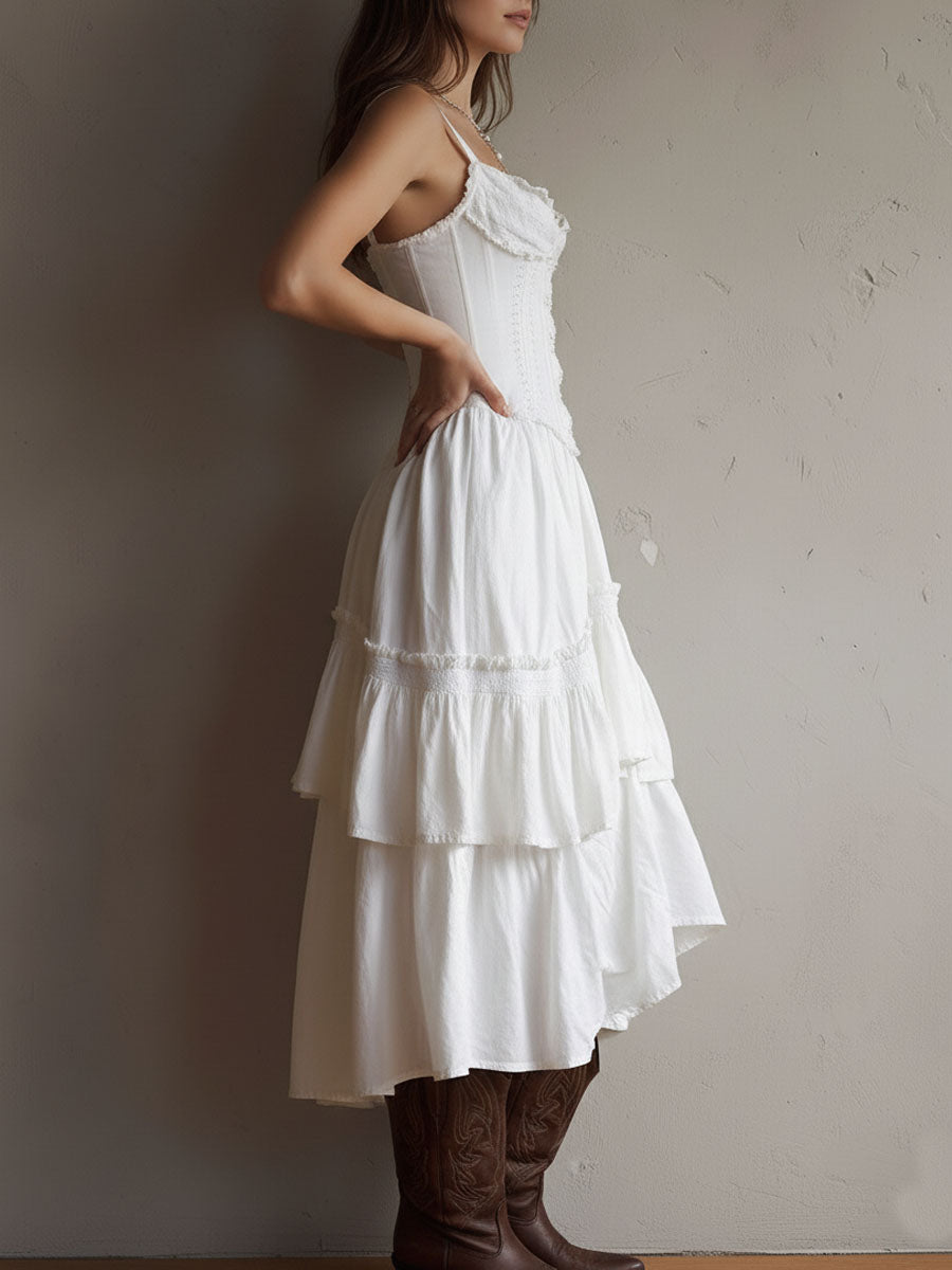 Retro Boho White Corset Tiered Midi Dress