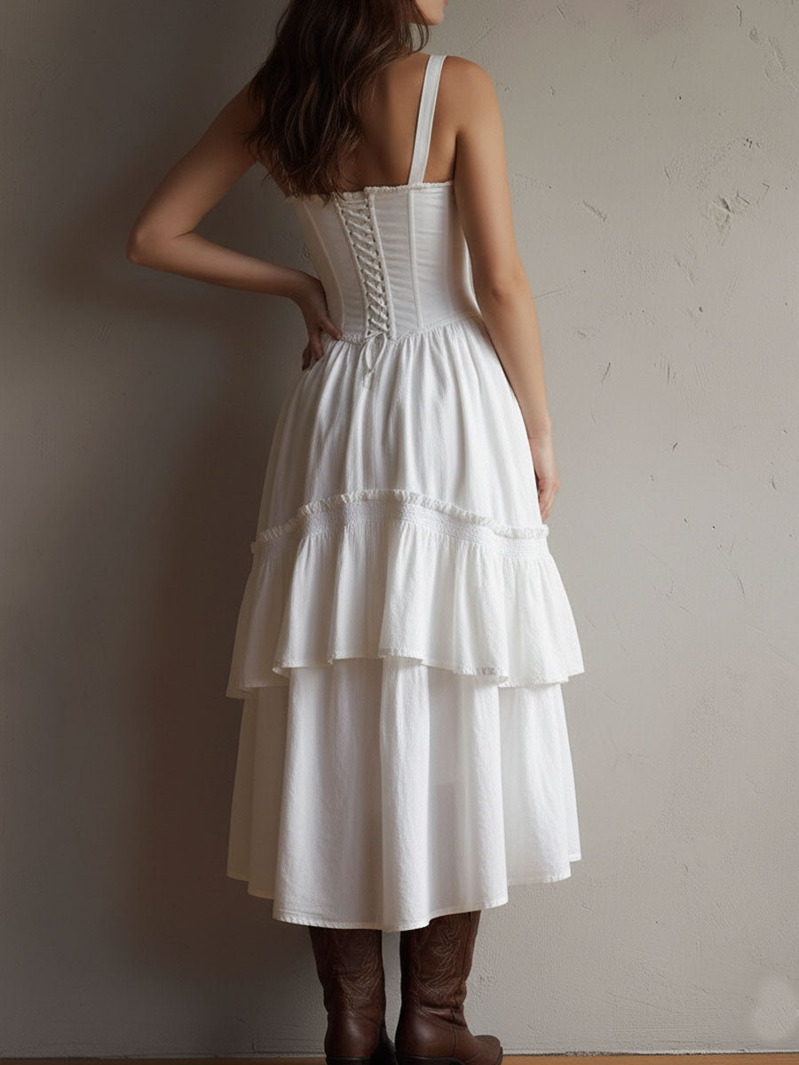 Retro Boho White Corset Tiered Midi Dress