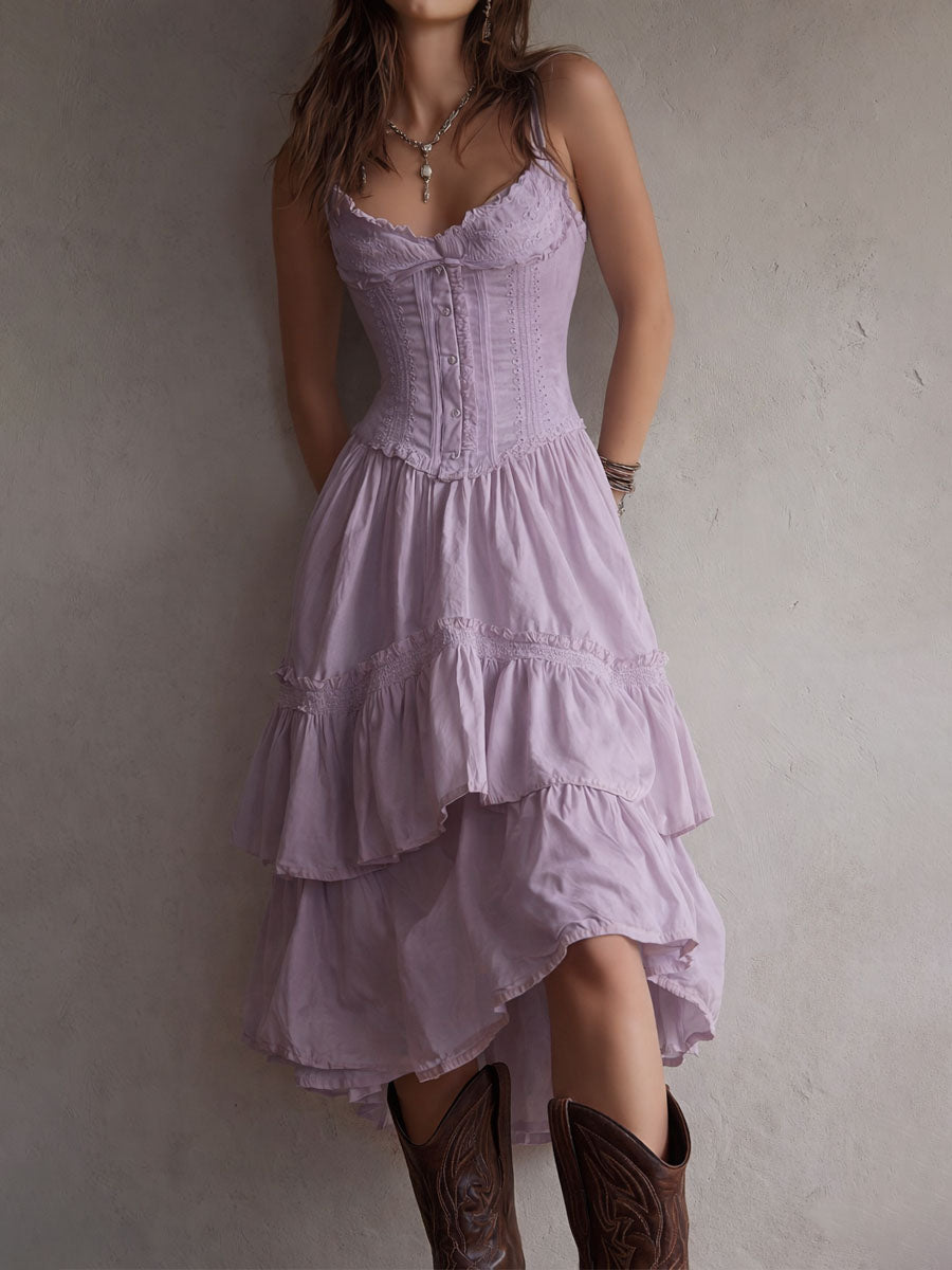 Retro Boho White Corset Tiered Midi Dress
