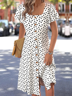 White Polka Dot Short Sleeve Square Neck Dress