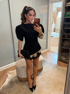 Black Puff Top & Lace Trim Shorts Set