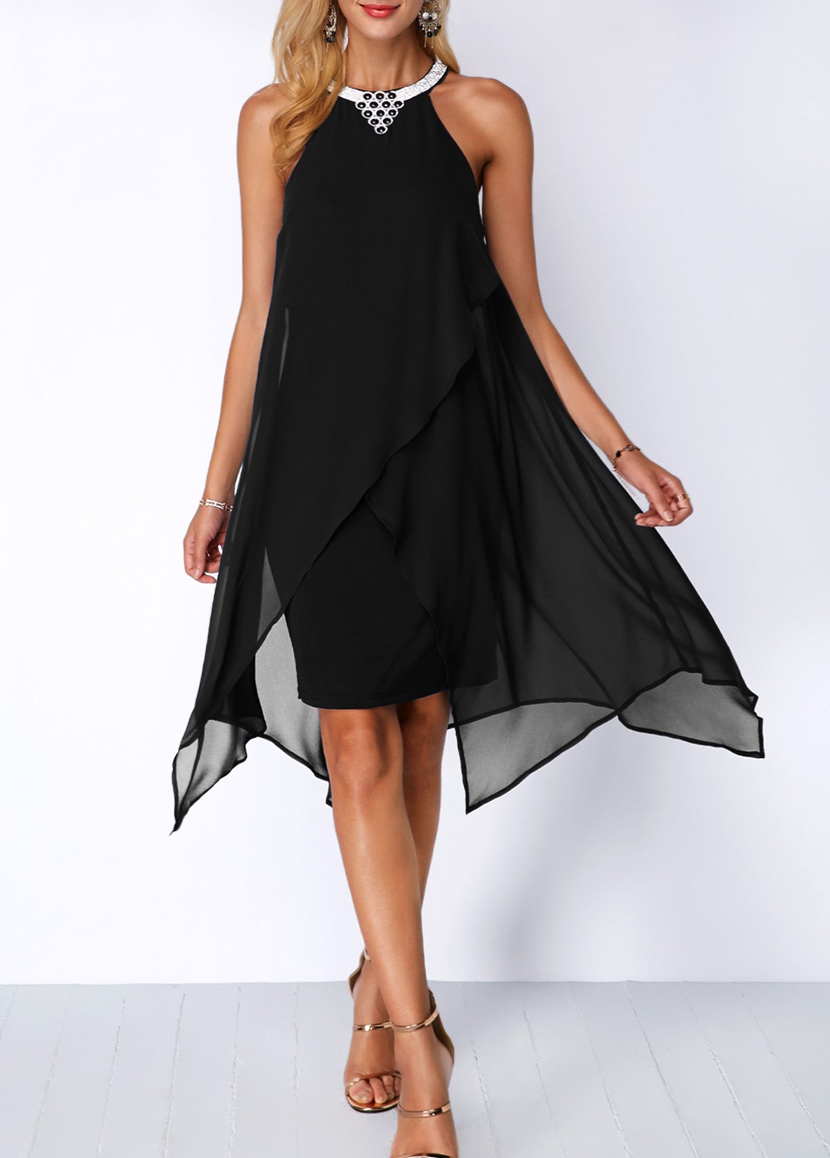 Sarah | Embellished Neck Asymmetric Hem Chiffon Dress