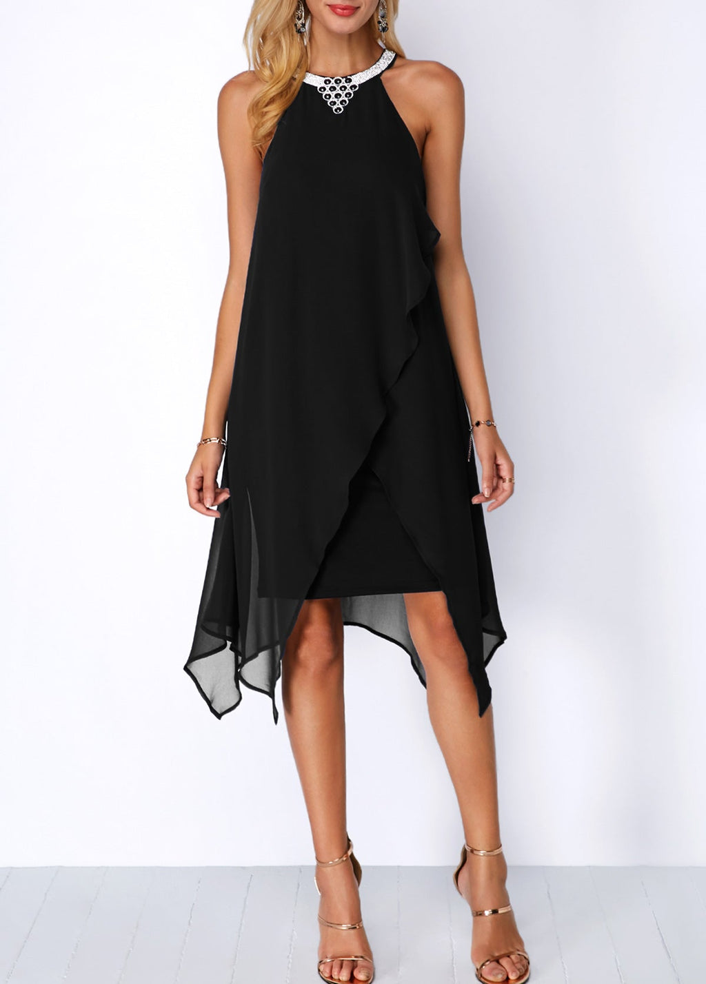 Sarah | Embellished Neck Asymmetric Hem Chiffon Dress