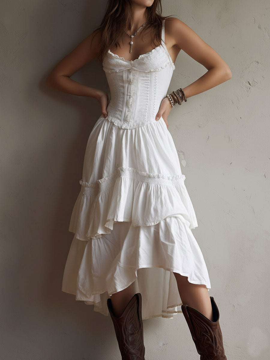 Retro Boho White Corset Tiered Midi Dress