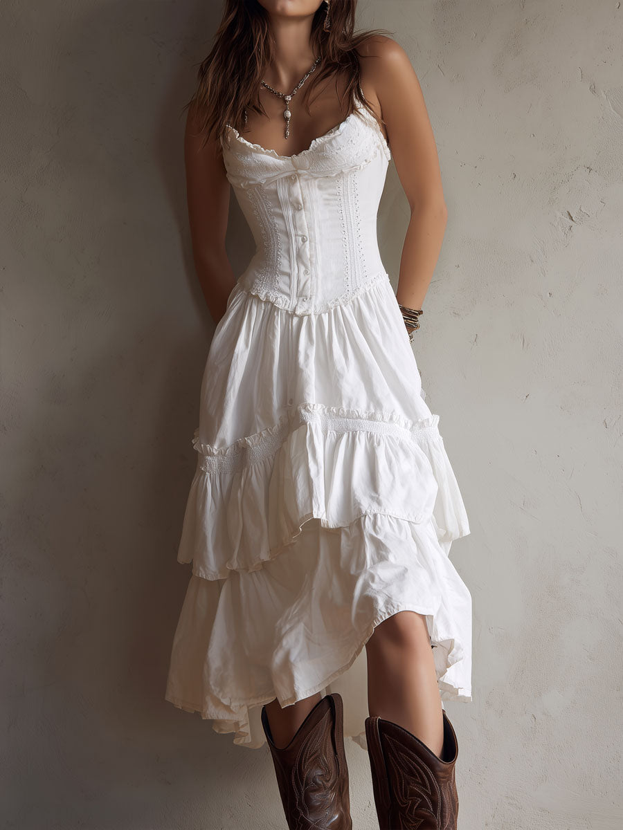 Retro Boho White Corset Tiered Midi Dress