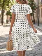 White Polka Dot Short Sleeve Square Neck Dress