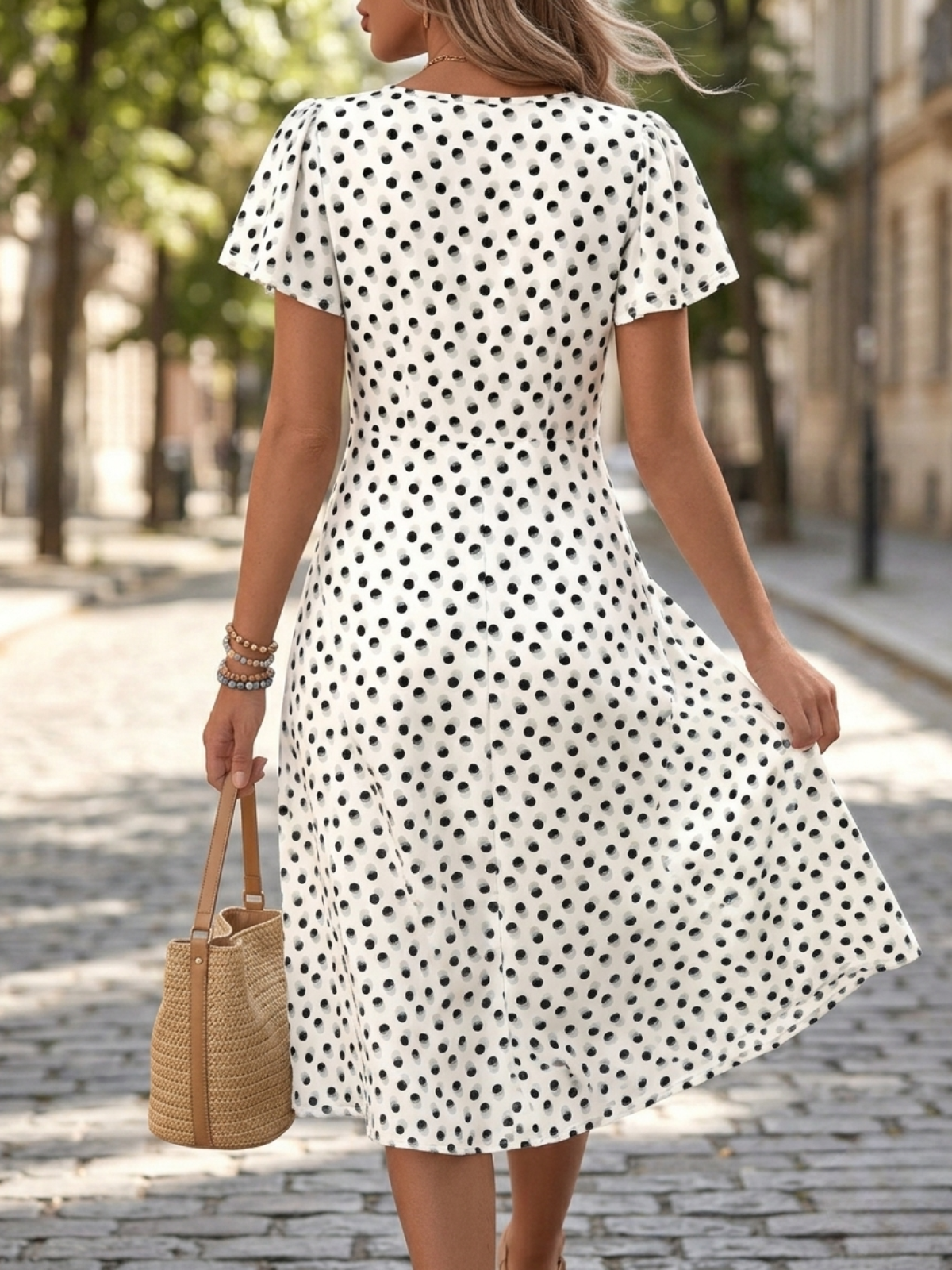 White Polka Dot Short Sleeve Square Neck Dress