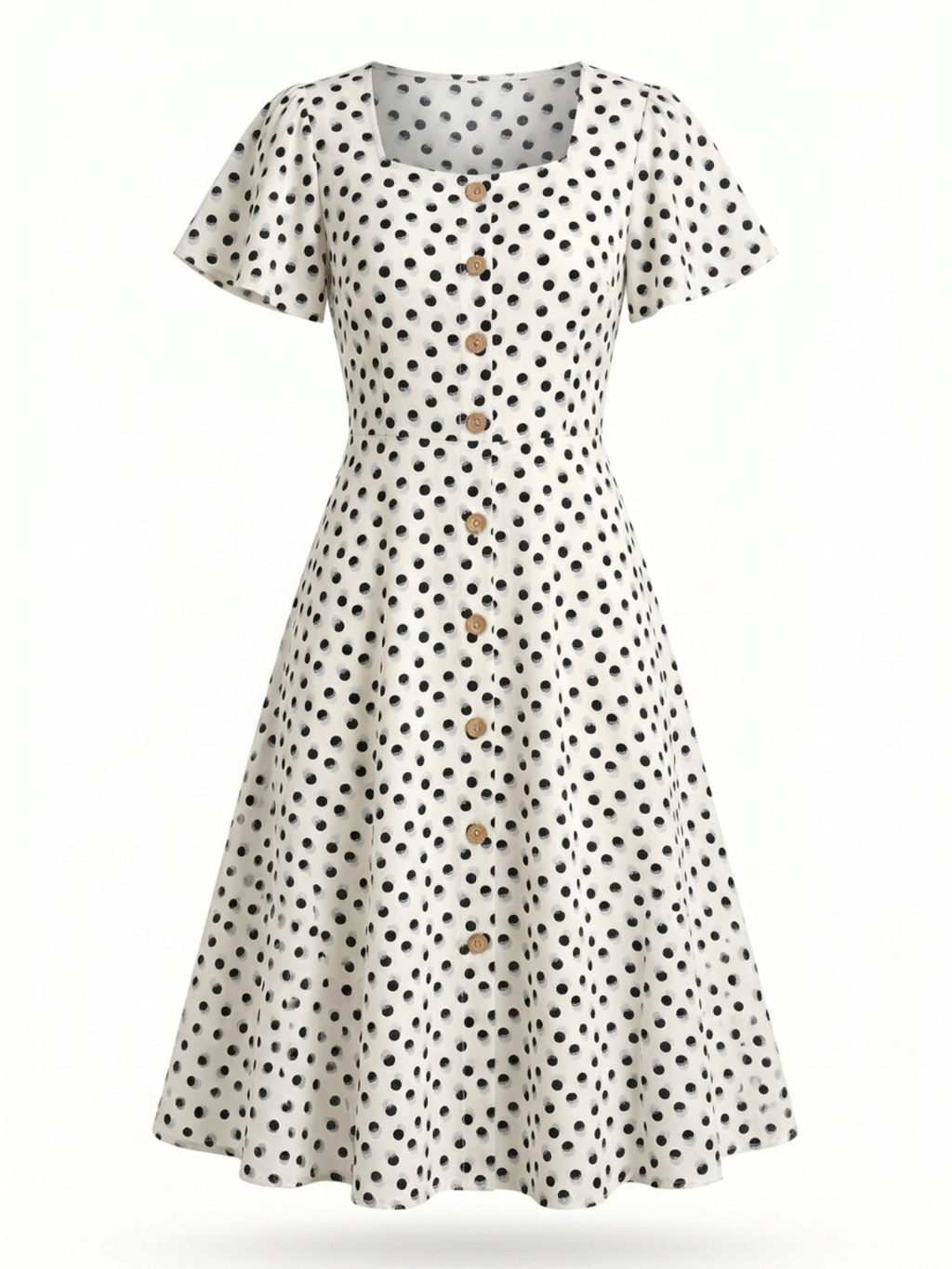 White Polka Dot Short Sleeve Square Neck Dress
