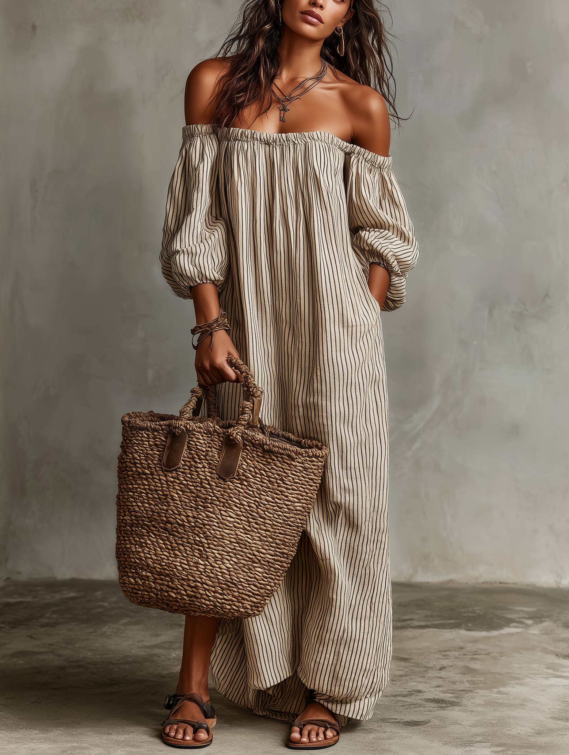 Cotton-linen Blend Off-shoulder Long-sleeved Maxi Dress