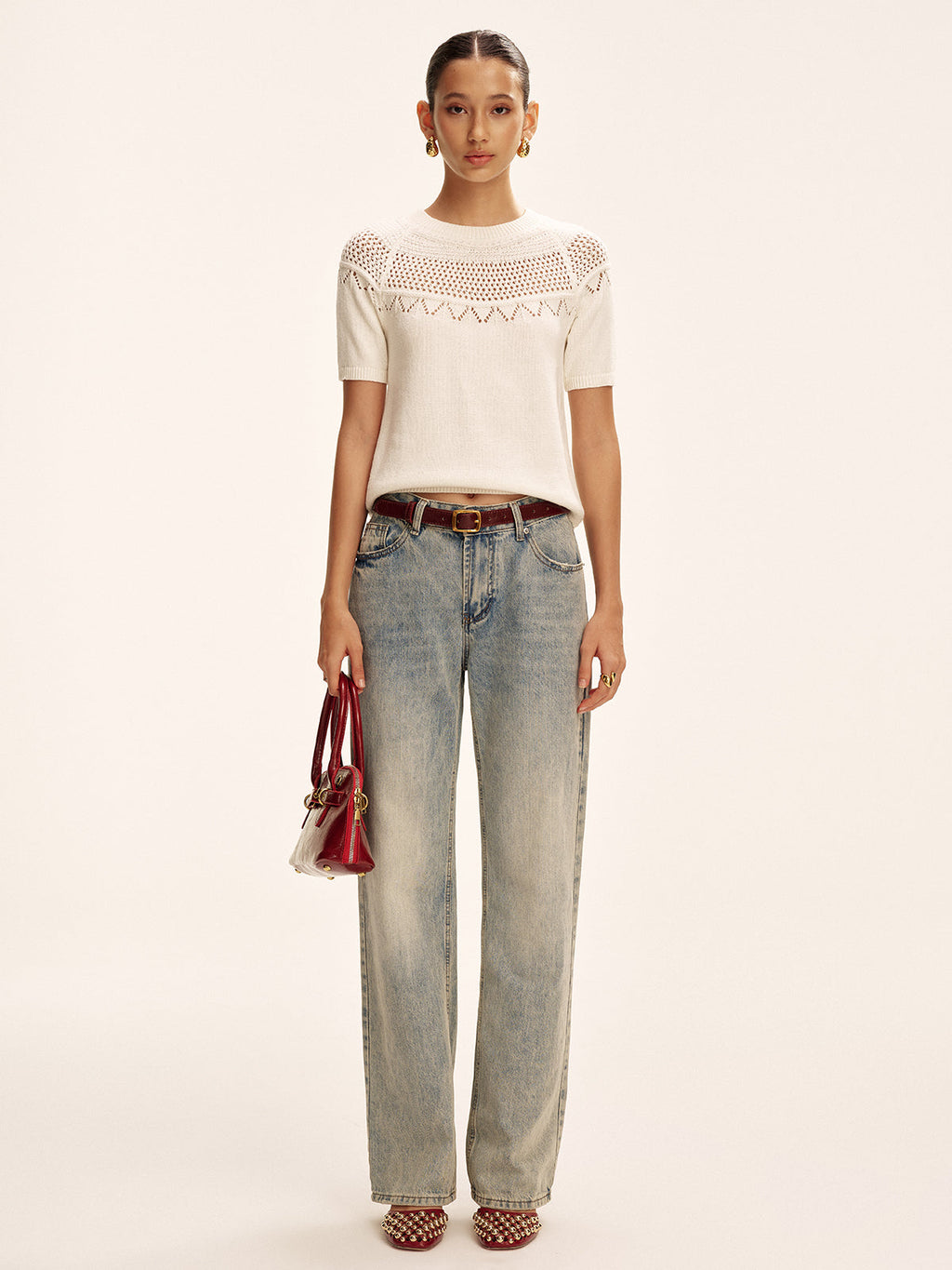 Short-Sleeve Eyelet Knit Sweater