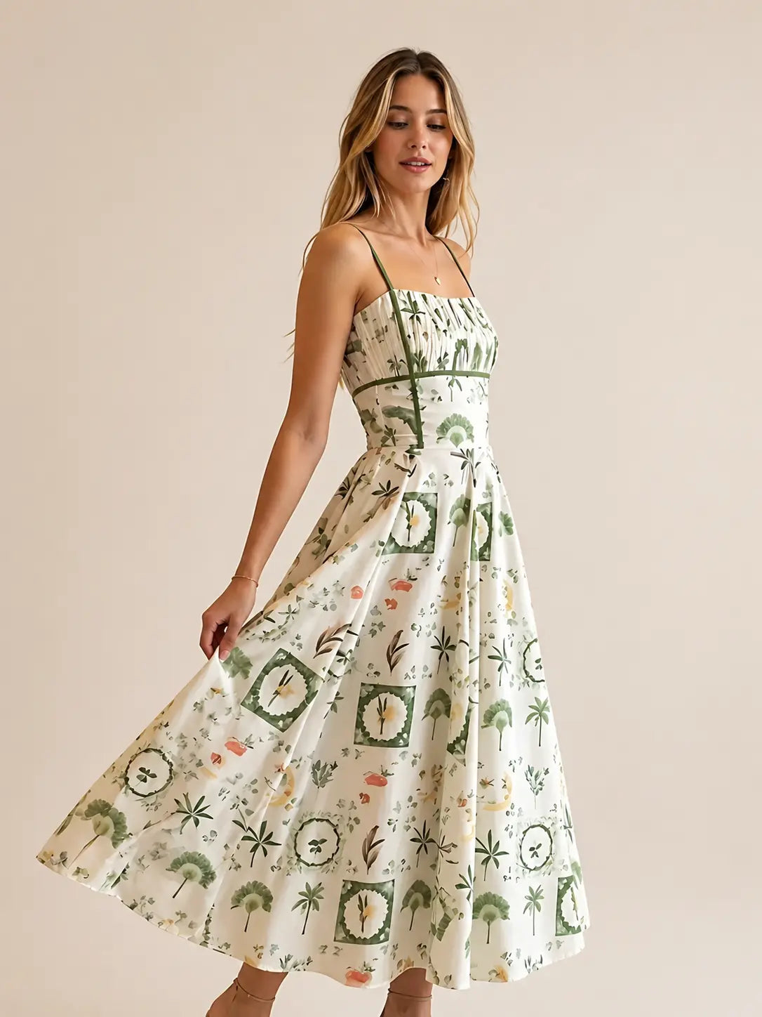 Green Botanical Midi Dress