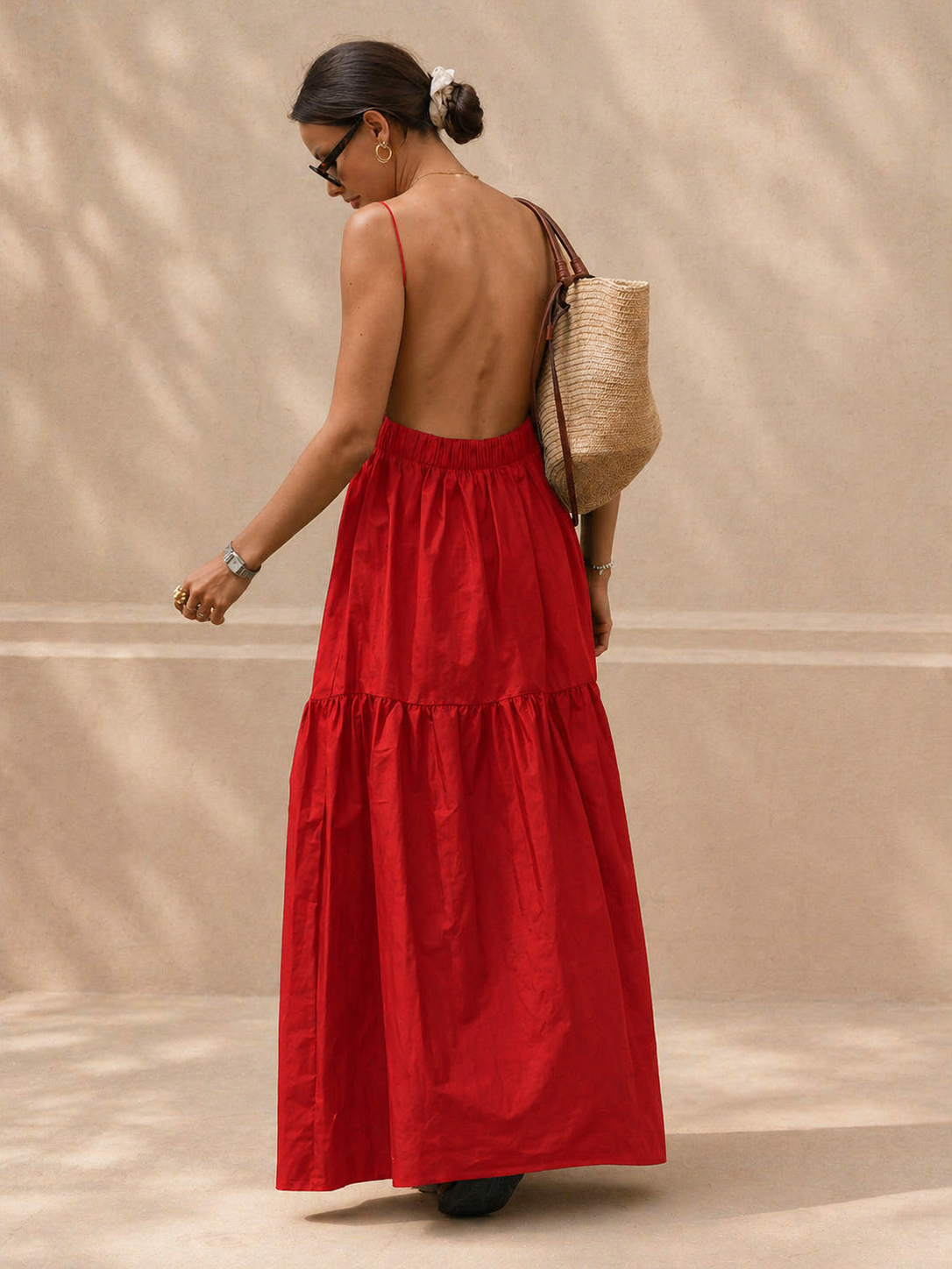 Solid Backless Long Dress