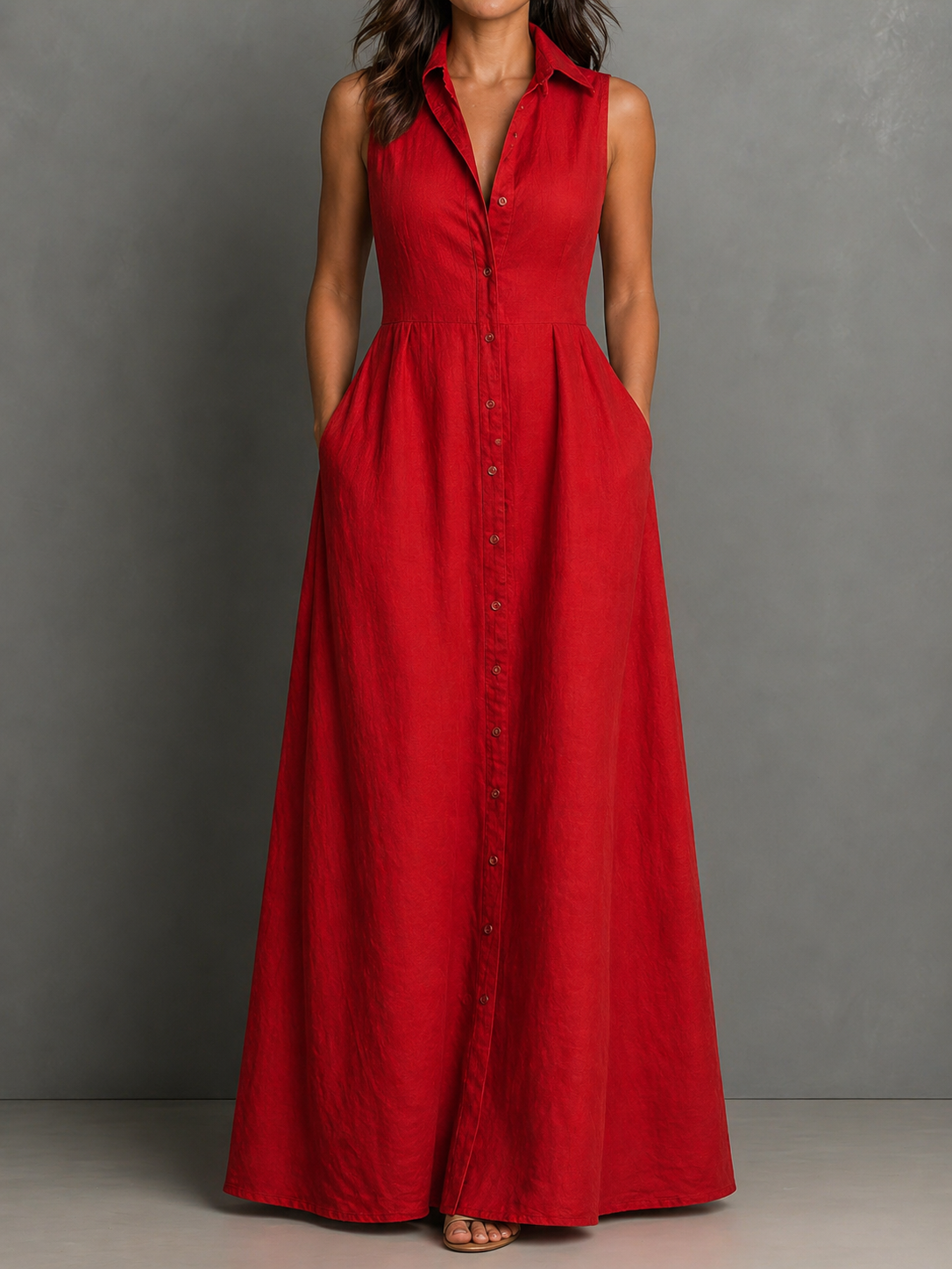 Linen-Blend Sleeveless Maxi Shirt Dress