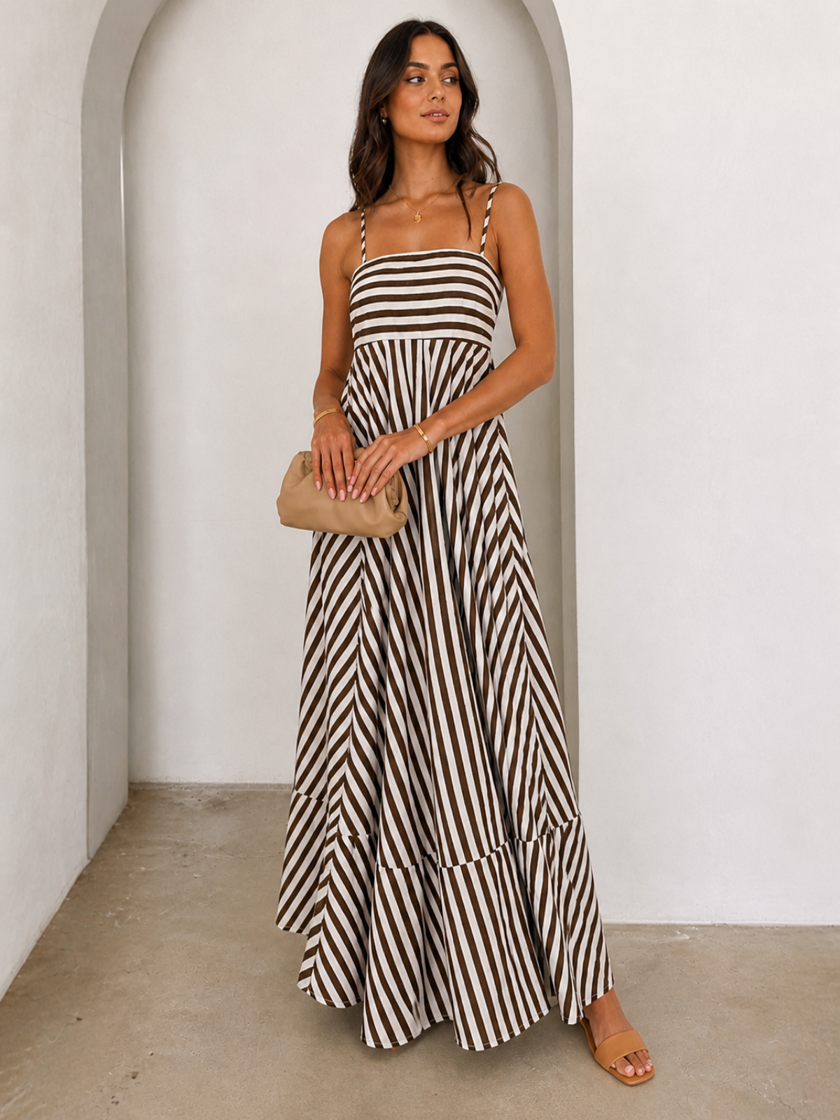 Striped Pleated Cami Long Dress