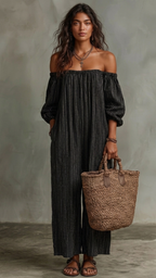 Cotton-linen Blend Off-shoulder Long-sleeved Maxi Dress