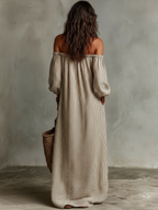Cotton-linen Blend Off-shoulder Long-sleeved Maxi Dress