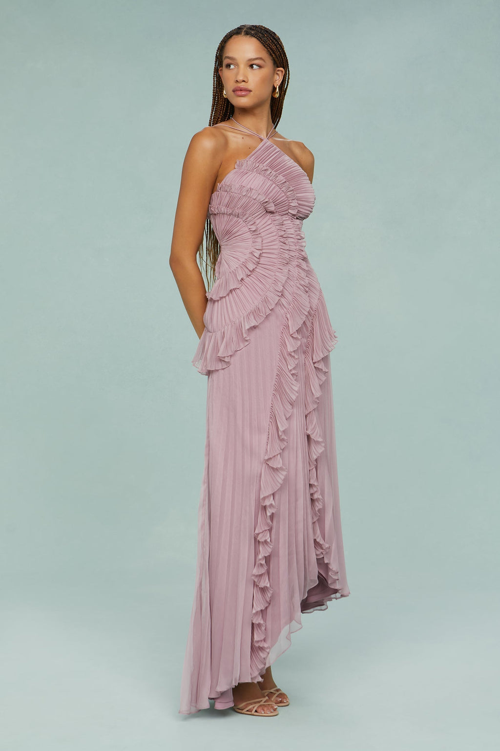 Jessica | Pleated Frill Halter Neck Midi Dress