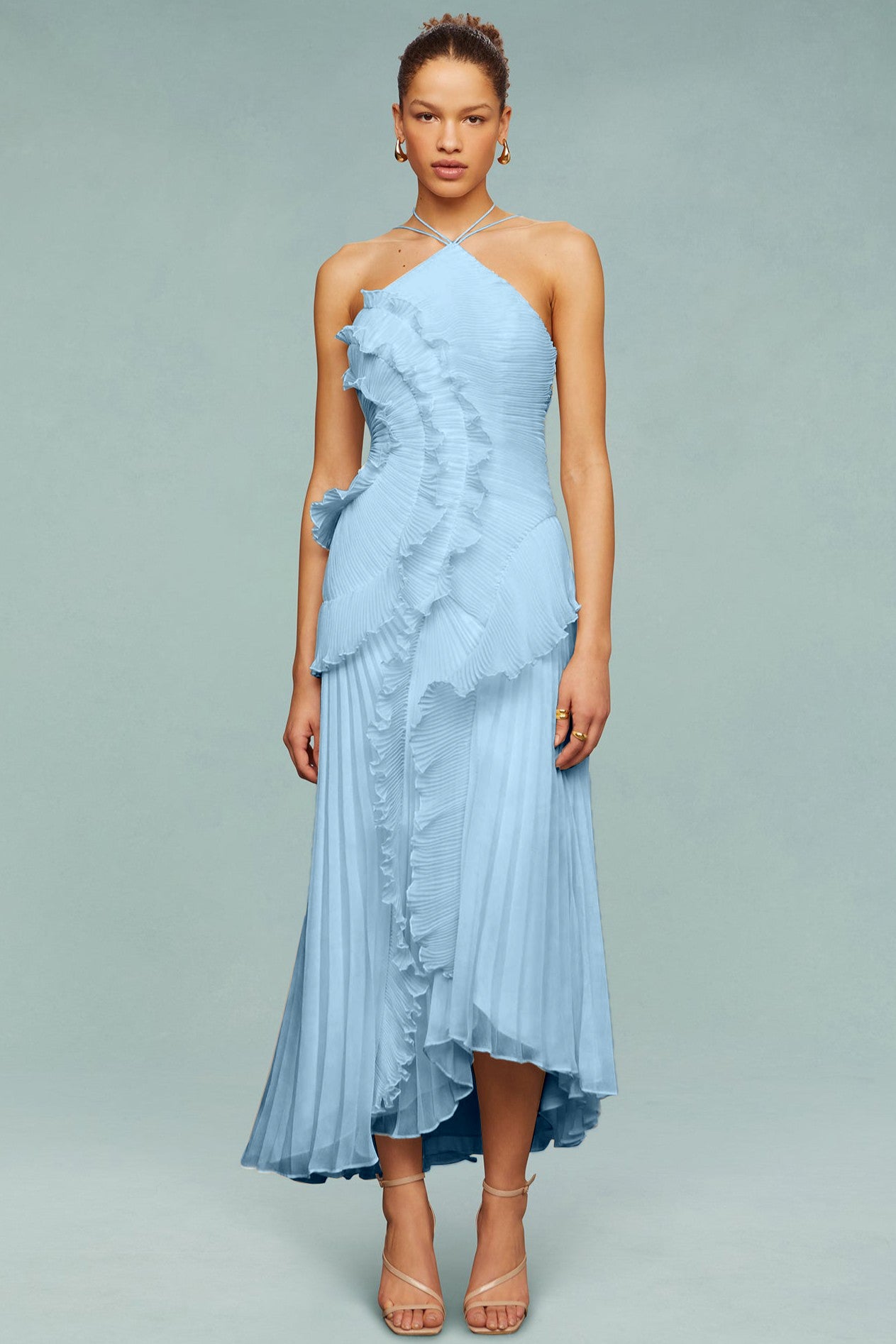 Jessica | Pleated Frill Halter Neck Midi Dress