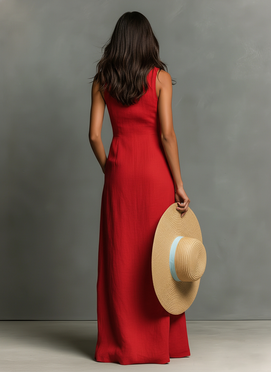 Linen-Blend Sleeveless Maxi Shirt Dress