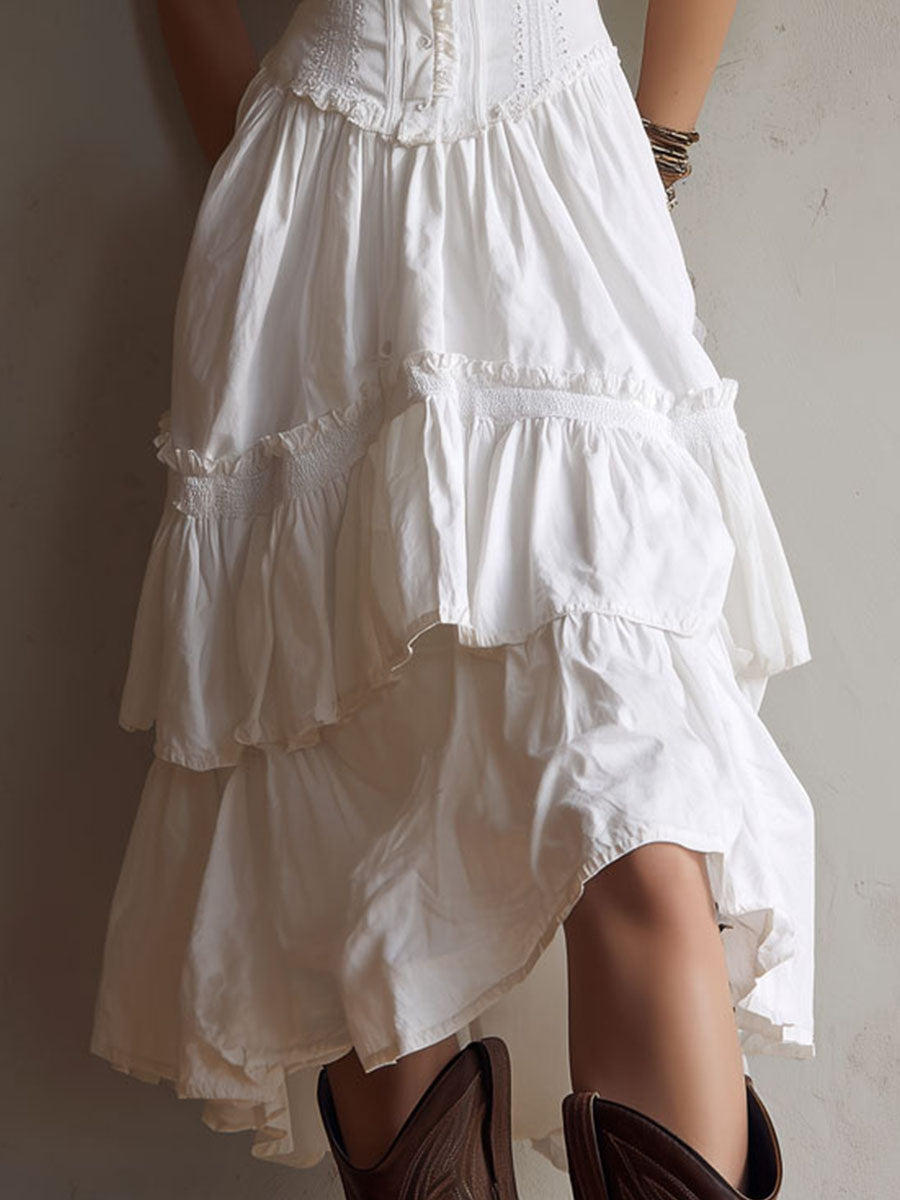 Retro Boho White Corset Tiered Midi Dress