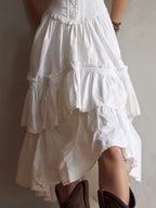 Retro Boho White Corset Tiered Midi Dress