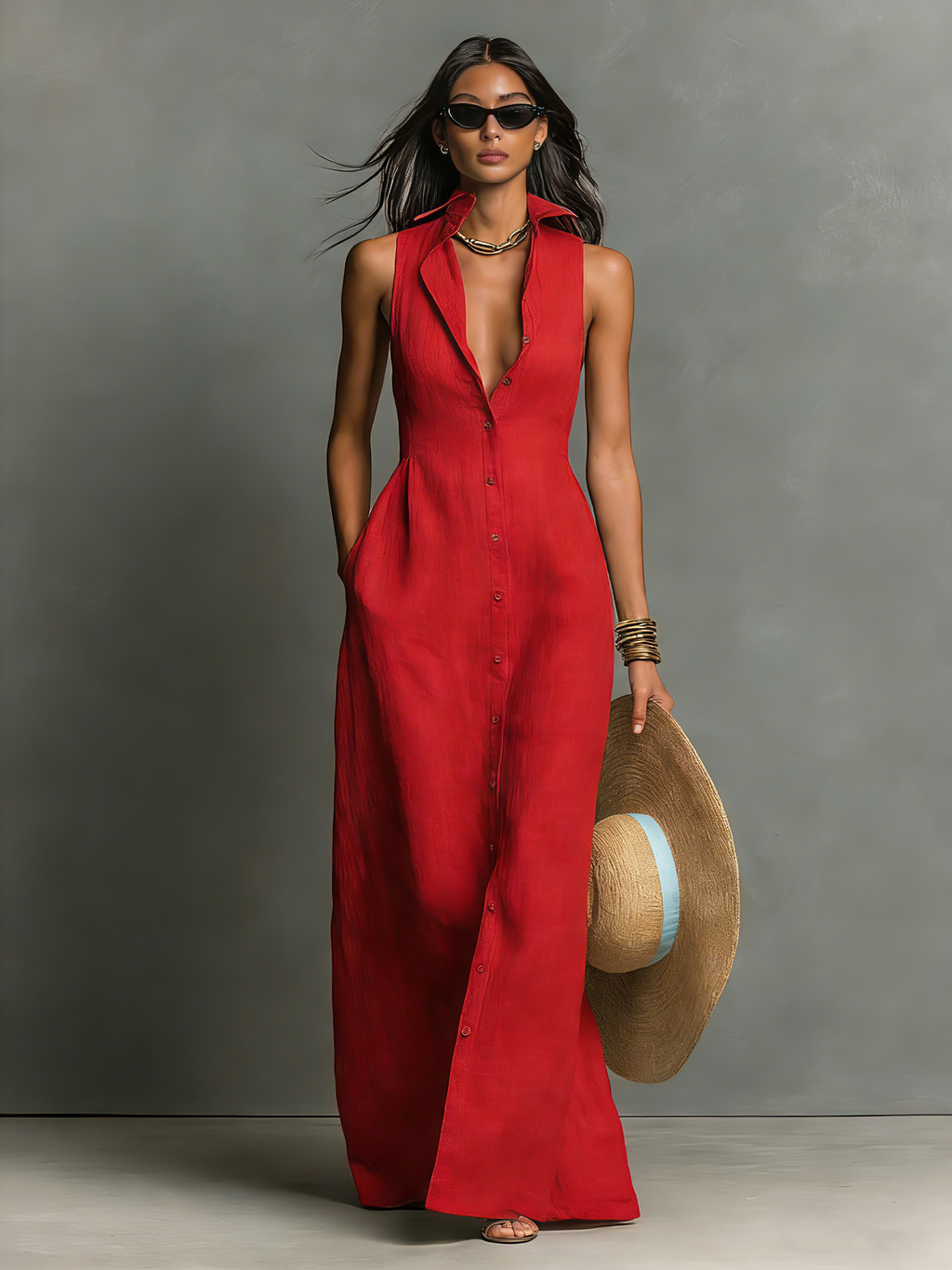 Linen-Blend Sleeveless Maxi Shirt Dress